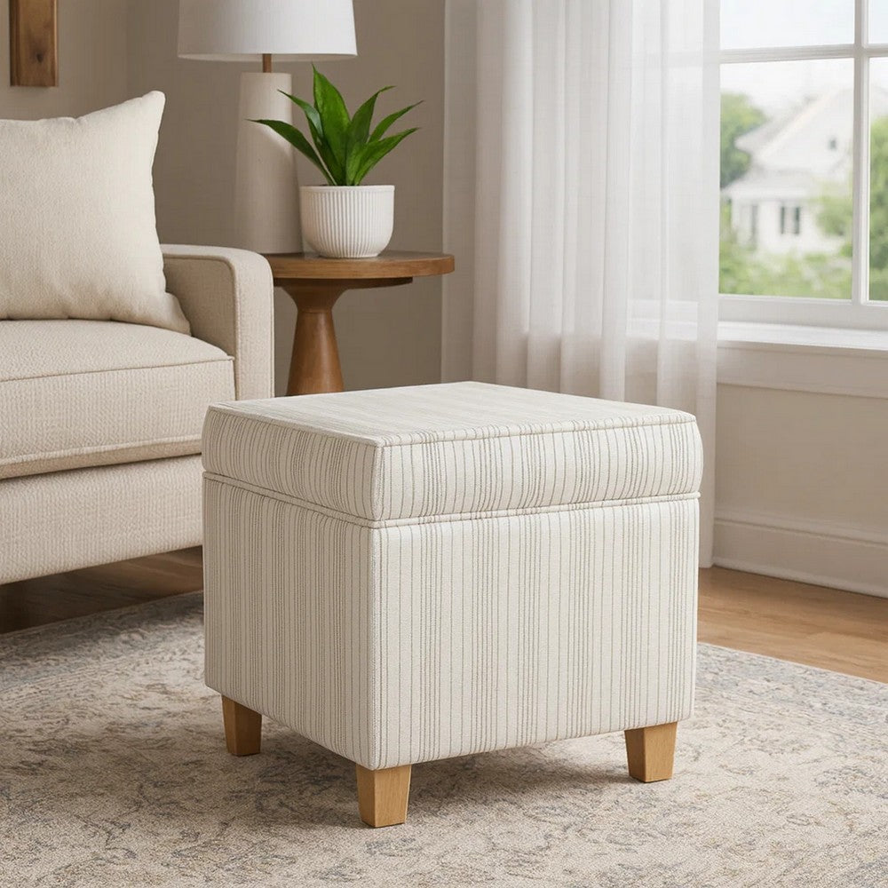Pyp Square Storage Ottoman, 18 Inch Ivory Pinstripe Fabric, Brown Legs -BM334438
