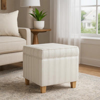 Pyp Square Storage Ottoman, 18 Inch Ivory Pinstripe Fabric, Brown Legs -BM334438
