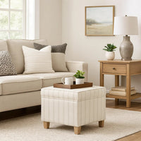 Pyp Square Storage Ottoman, 18 Inch Ivory Pinstripe Fabric, Brown Legs -BM334438