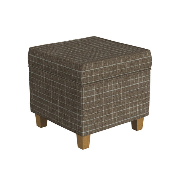 Pyp Square Storage Ottoman, 18 Inch Brown Windowpane Fabric, Wood Legs -BM334439