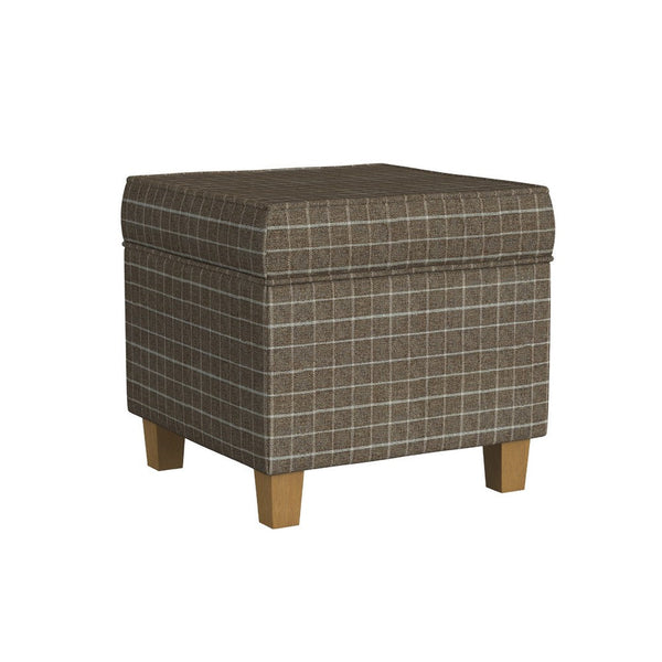 Pyp Square Storage Ottoman, 18 Inch Brown Windowpane Fabric, Wood Legs -BM334439