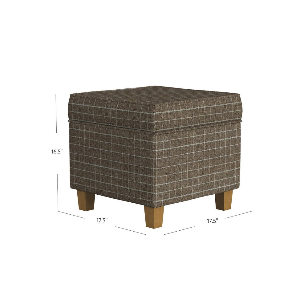 Pyp Square Storage Ottoman, 18 Inch Brown Windowpane Fabric, Wood Legs -BM334439