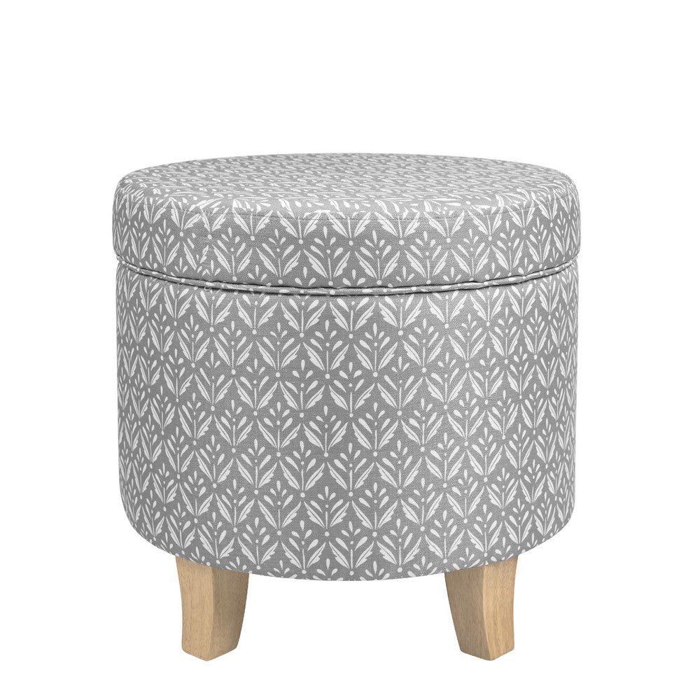 Loni Round Storage Ottoman, 19 Inch Gray Patterned Fabric, Brown Wood -BM334440