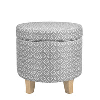 Loni Round Storage Ottoman, 19 Inch Gray Patterned Fabric, Brown Wood -BM334440