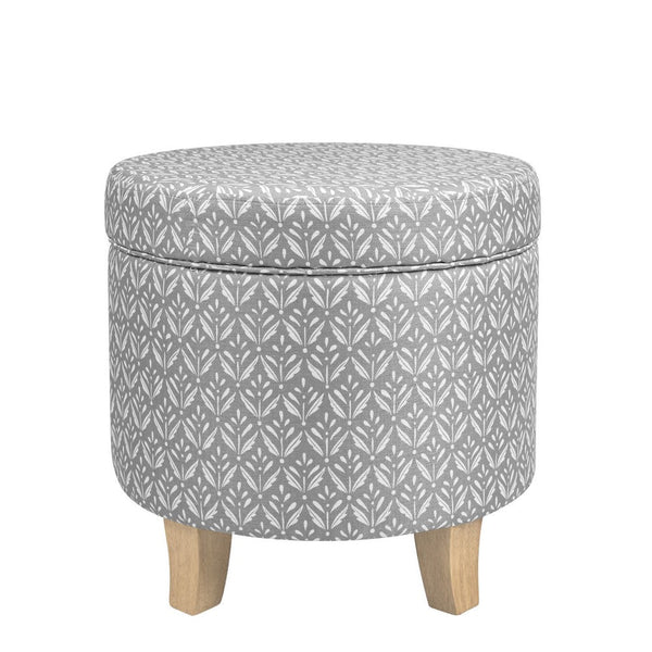 Loni Round Storage Ottoman, 19 Inch Gray Patterned Fabric, Brown Wood -BM334440