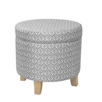 Loni Round Storage Ottoman, 19 Inch Gray Patterned Fabric, Brown Wood -BM334440