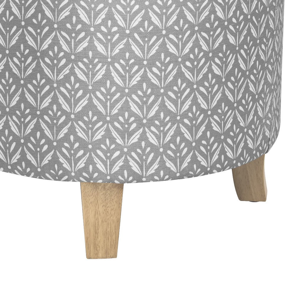 Loni Round Storage Ottoman, 19 Inch Gray Patterned Fabric, Brown Wood -BM334440