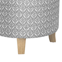 Loni Round Storage Ottoman, 19 Inch Gray Patterned Fabric, Brown Wood -BM334440