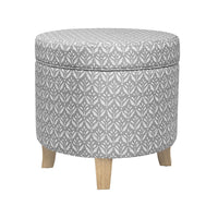 Loni Round Storage Ottoman, 19 Inch Gray Patterned Fabric, Brown Wood -BM334440