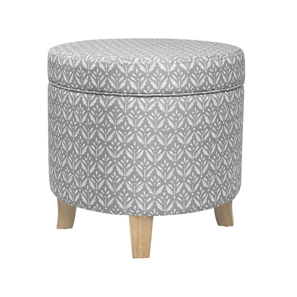 Loni Round Storage Ottoman, 19 Inch Gray Patterned Fabric, Brown Wood -BM334440