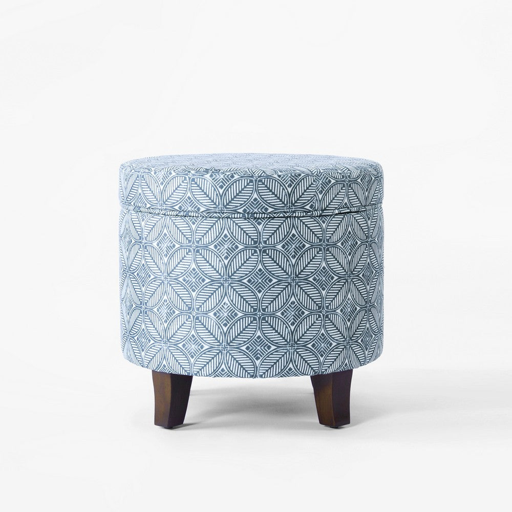 Loni Round Storage Ottoman, 19 Inch Indigo Blue Pattern, Walnut Brown -BM334441