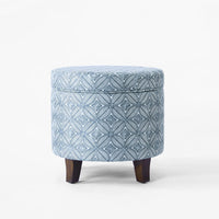 Loni Round Storage Ottoman, 19 Inch Indigo Blue Pattern, Walnut Brown -BM334441