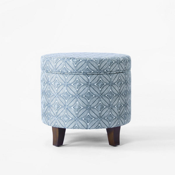 Loni Round Storage Ottoman, 19 Inch Indigo Blue Pattern, Walnut Brown -BM334441