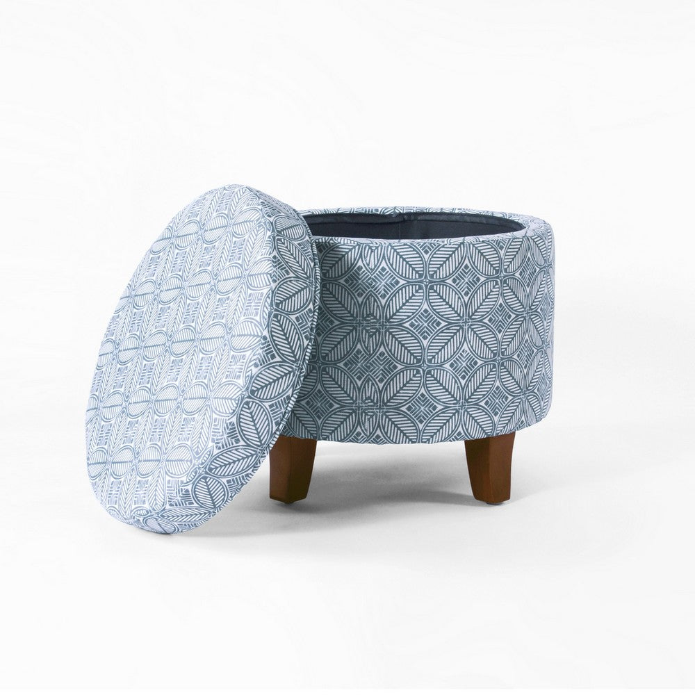 Loni Round Storage Ottoman, 19 Inch Indigo Blue Pattern, Walnut Brown -BM334441