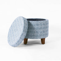 Loni Round Storage Ottoman, 19 Inch Indigo Blue Pattern, Walnut Brown -BM334441