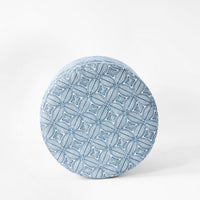 Loni Round Storage Ottoman, 19 Inch Indigo Blue Pattern, Walnut Brown -BM334441