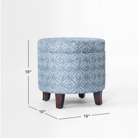 Loni Round Storage Ottoman, 19 Inch Indigo Blue Pattern, Walnut Brown -BM334441