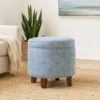 Loni Round Storage Ottoman, 19 Inch Indigo Blue Pattern, Walnut Brown -BM334441