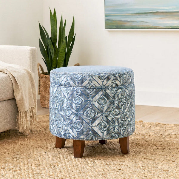 Loni Round Storage Ottoman, 19 Inch Indigo Blue Pattern, Walnut Brown -BM334441