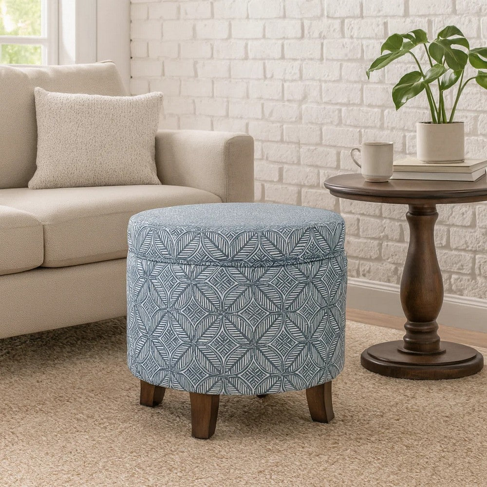 Loni Round Storage Ottoman, 19 Inch Indigo Blue Pattern, Walnut Brown -BM334441