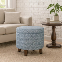 Loni Round Storage Ottoman, 19 Inch Indigo Blue Pattern, Walnut Brown -BM334441