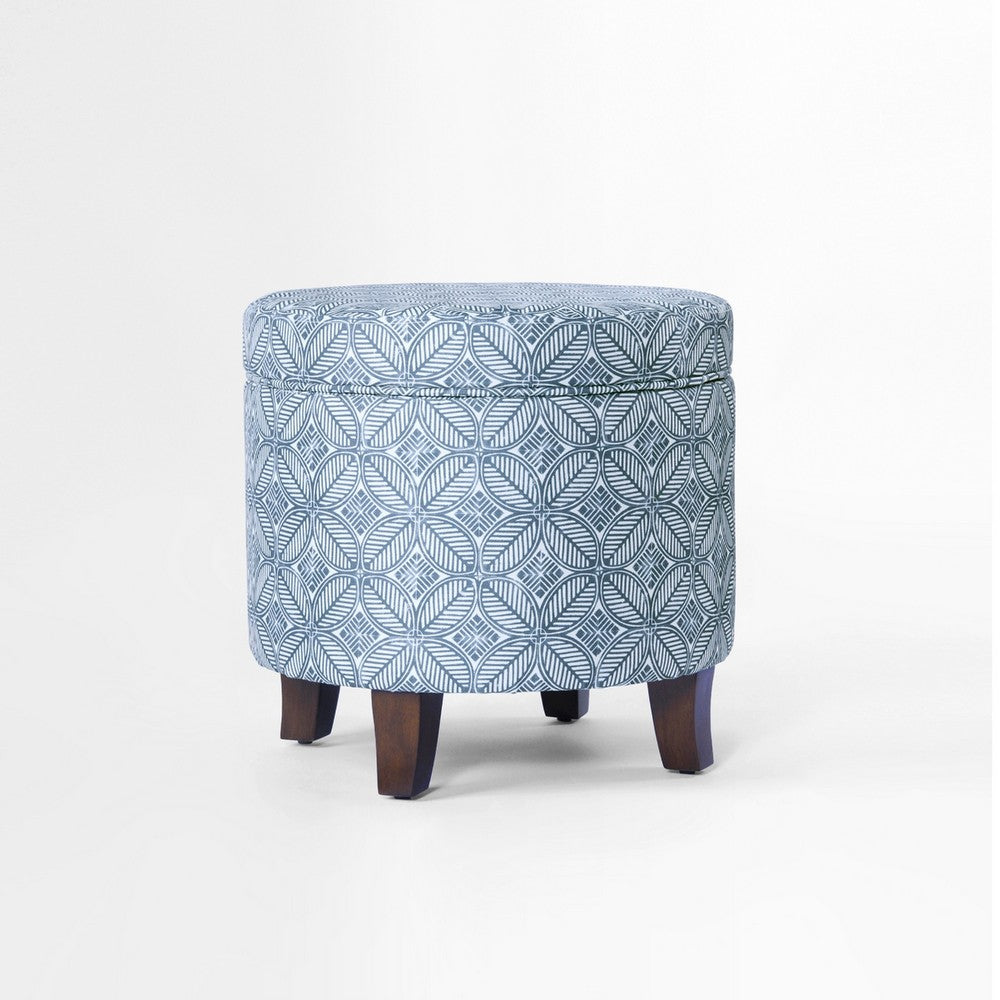 Loni Round Storage Ottoman, 19 Inch Indigo Blue Pattern, Walnut Brown -BM334441