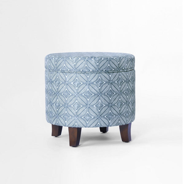 Loni Round Storage Ottoman, 19 Inch Indigo Blue Pattern, Walnut Brown -BM334441
