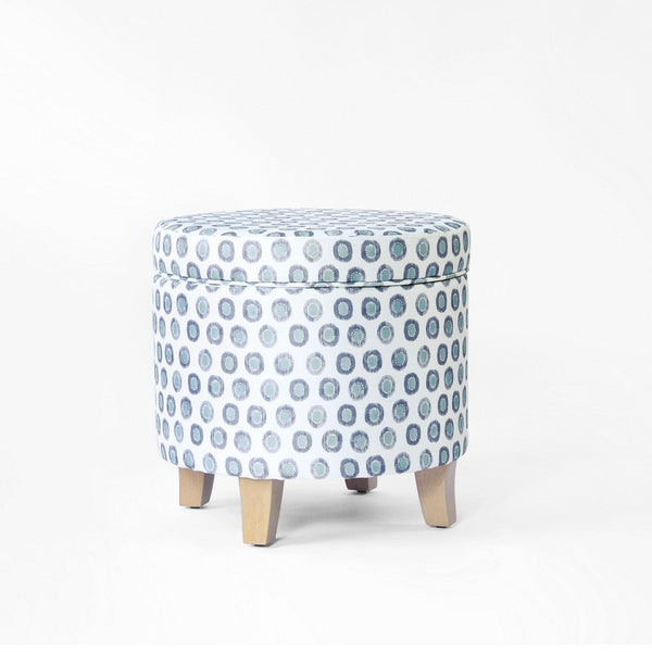 Loni Round Storage Ottoman, 19 Inch Blue Green Ikat Print, Brown -BM334442