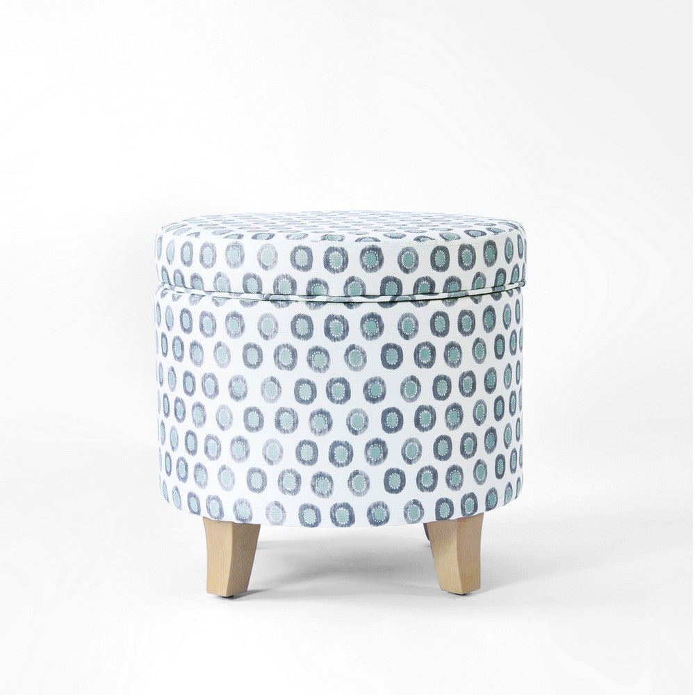 Loni Round Storage Ottoman, 19 Inch Blue Green Ikat Print, Brown -BM334442