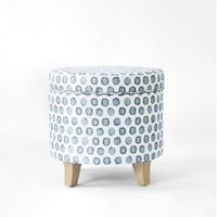 Loni Round Storage Ottoman, 19 Inch Blue Green Ikat Print, Brown -BM334442