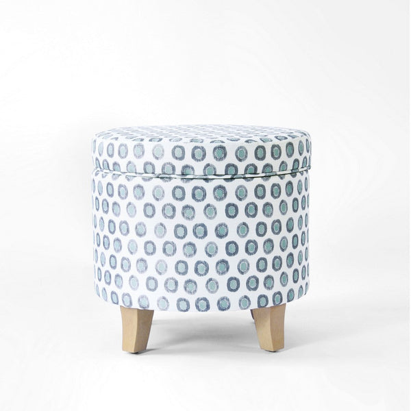 Loni Round Storage Ottoman, 19 Inch Blue Green Ikat Print, Brown -BM334442