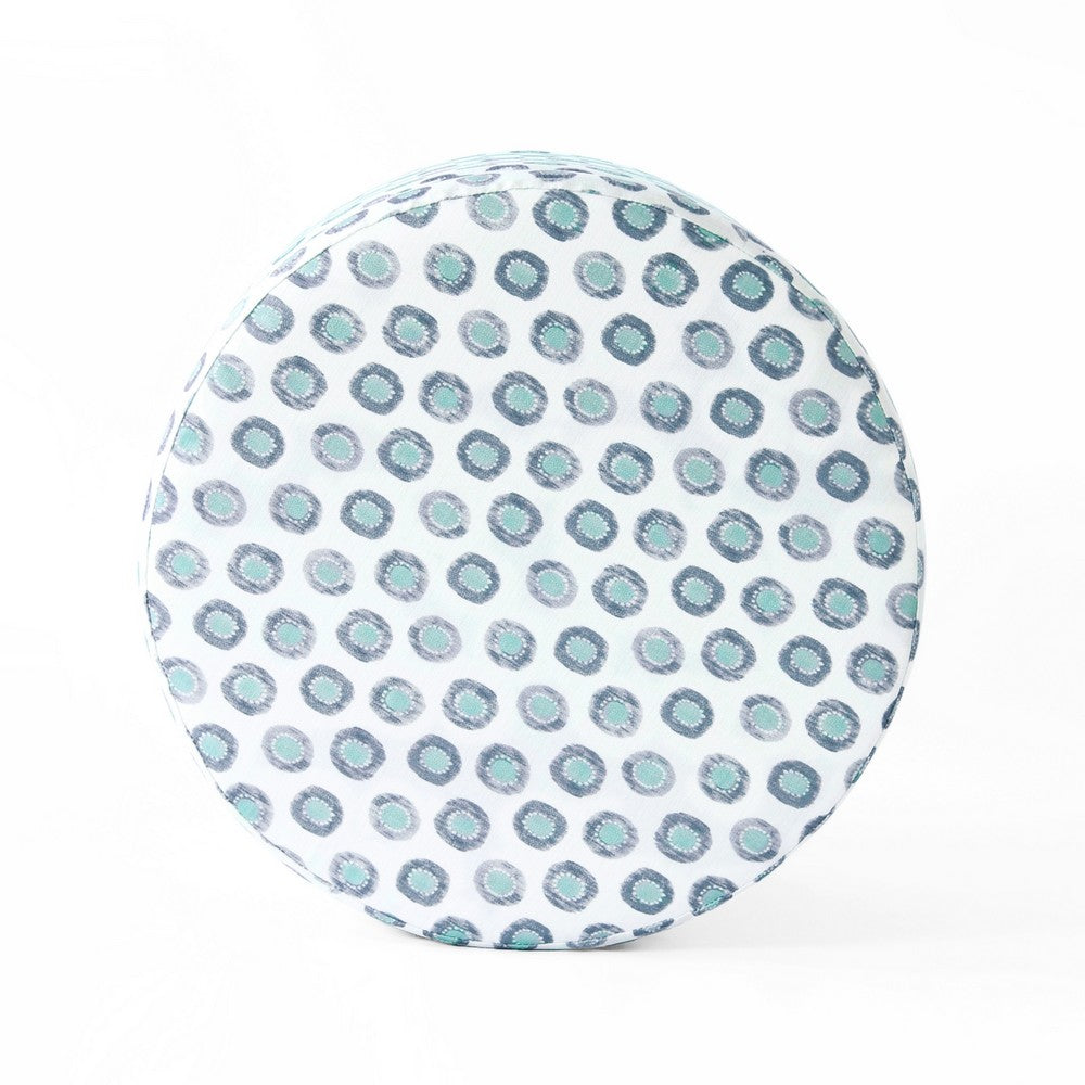 Loni Round Storage Ottoman, 19 Inch Blue Green Ikat Print, Brown -BM334442