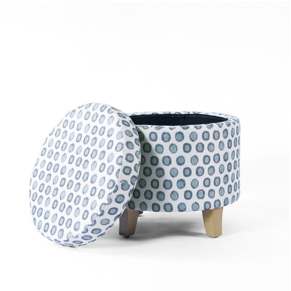 Loni Round Storage Ottoman, 19 Inch Blue Green Ikat Print, Brown -BM334442