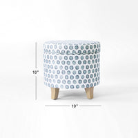 Loni Round Storage Ottoman, 19 Inch Blue Green Ikat Print, Brown -BM334442