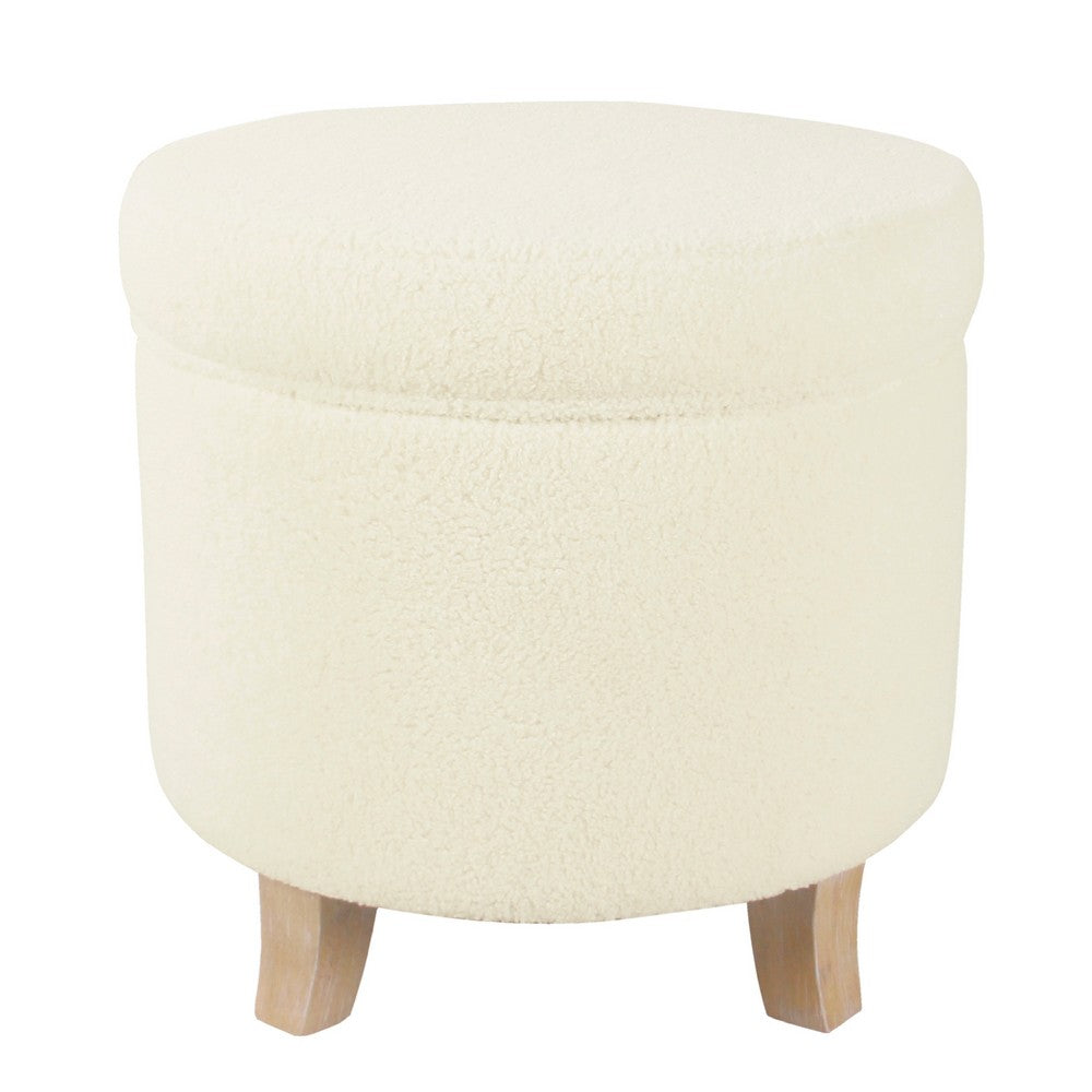 Loni Round Storage Ottoman, 19 Inch Beige Faux Sheepskin, Wood Legs -BM334443