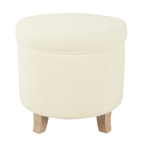 Loni Round Storage Ottoman, 19 Inch Beige Faux Sheepskin, Wood Legs -BM334443