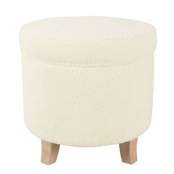 Loni Round Storage Ottoman, 19 Inch Beige Faux Sheepskin, Wood Legs -BM334443