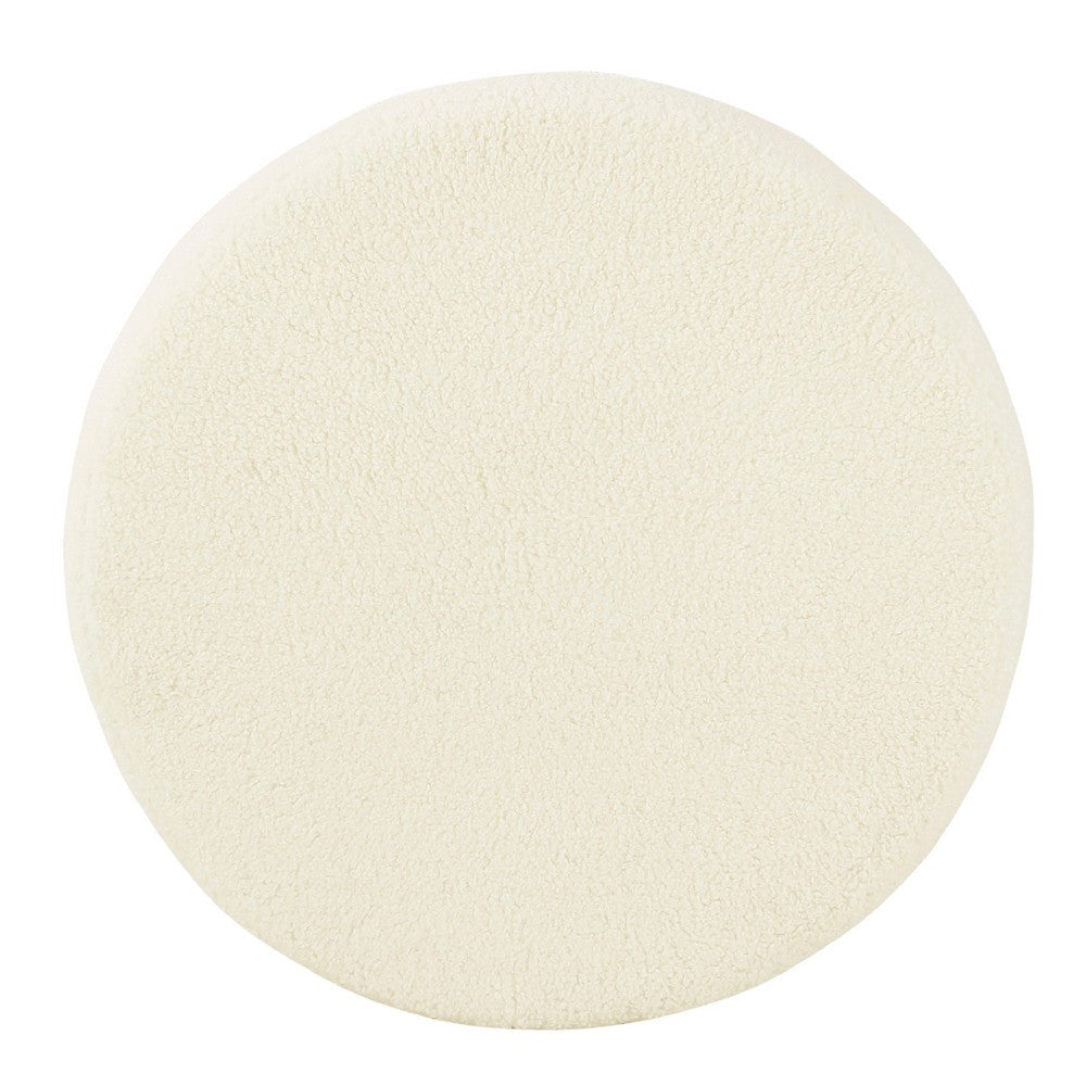 Loni Round Storage Ottoman, 19 Inch Beige Faux Sheepskin, Wood Legs -BM334443