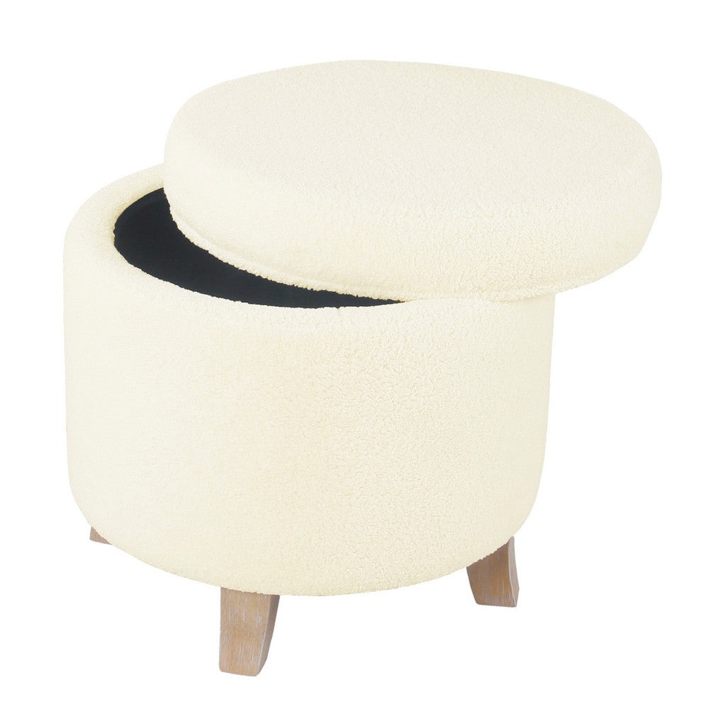 Loni Round Storage Ottoman, 19 Inch Beige Faux Sheepskin, Wood Legs -BM334443