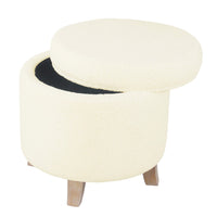 Loni Round Storage Ottoman, 19 Inch Beige Faux Sheepskin, Wood Legs -BM334443