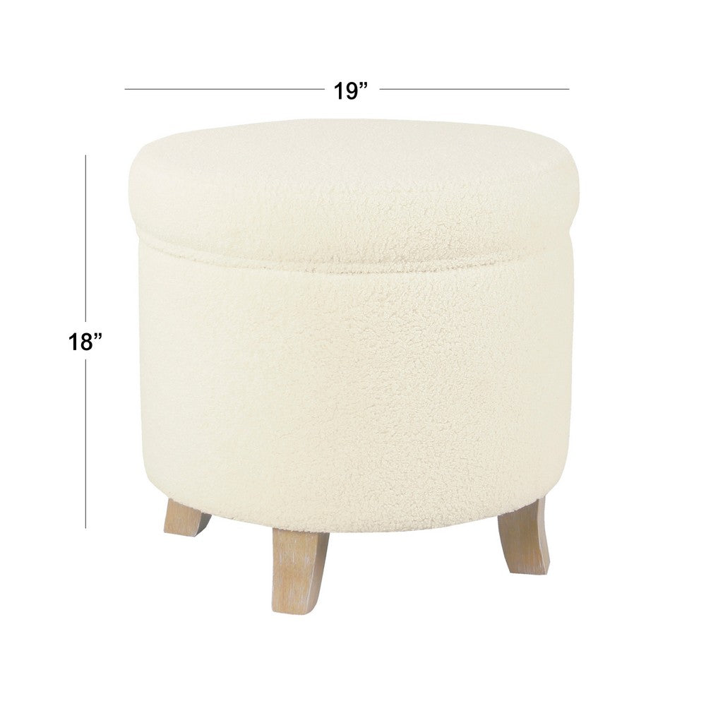 Loni Round Storage Ottoman, 19 Inch Beige Faux Sheepskin, Wood Legs -BM334443