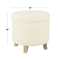 Loni Round Storage Ottoman, 19 Inch Beige Faux Sheepskin, Wood Legs -BM334443