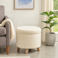 Loni Round Storage Ottoman, 19 Inch Beige Faux Sheepskin, Wood Legs -BM334443