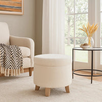 Loni Round Storage Ottoman, 19 Inch Beige Faux Sheepskin, Wood Legs -BM334443