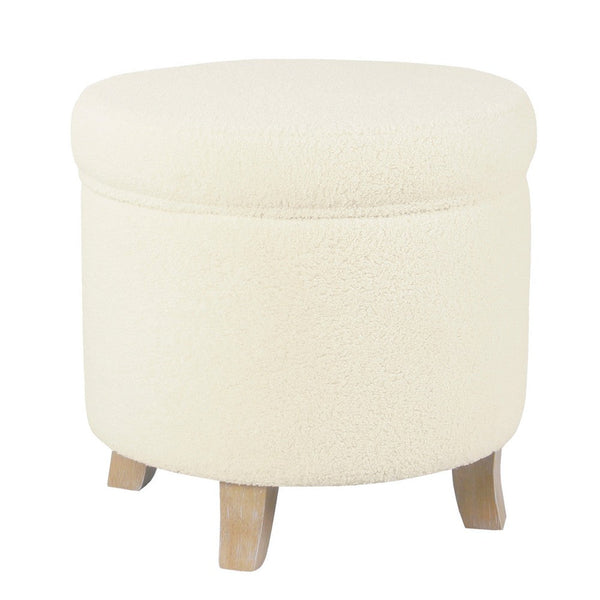 Loni Round Storage Ottoman, 19 Inch Beige Faux Sheepskin, Wood Legs -BM334443