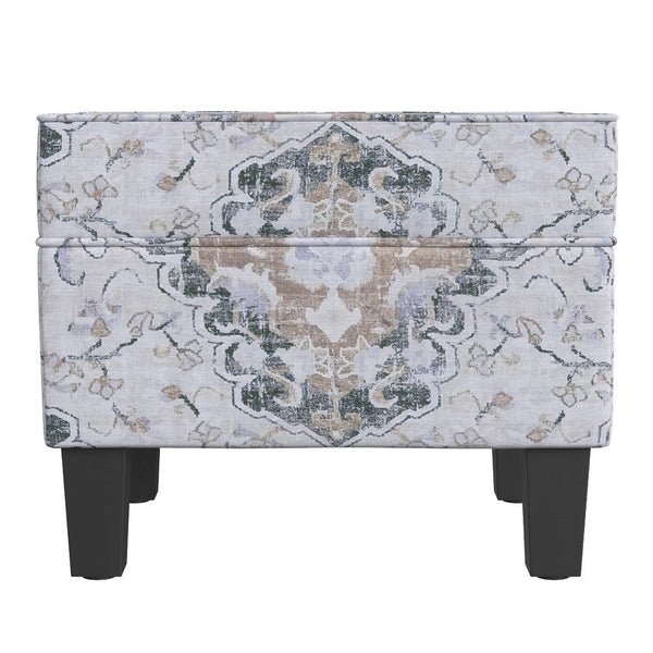 Ishi Accent Storage Ottoman, 22 Inch White Blue Print, Black Wood Legs -BM334444