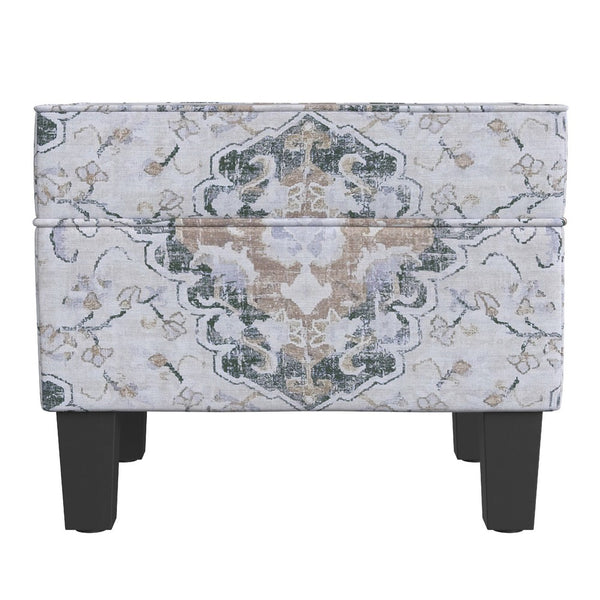 Ishi Accent Storage Ottoman, 22 Inch White Blue Print, Black Wood Legs -BM334444