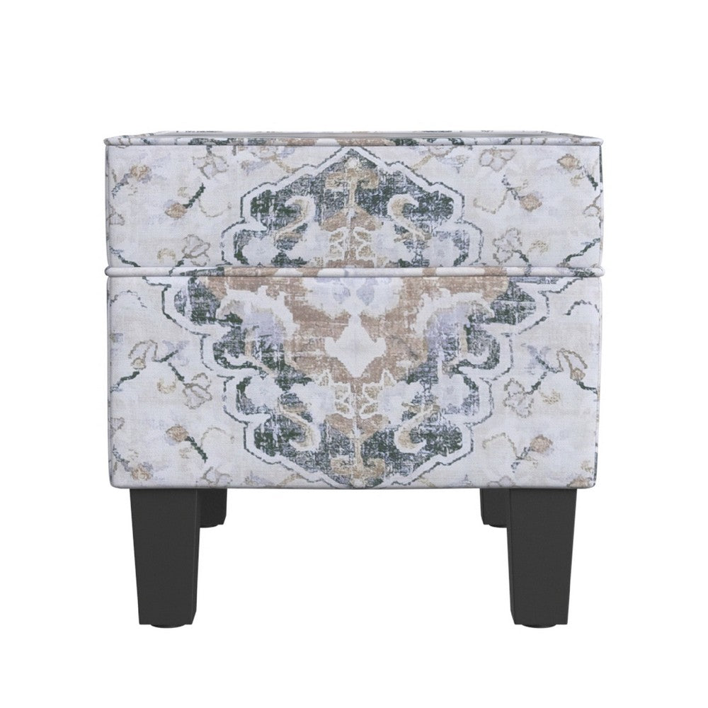Ishi Accent Storage Ottoman, 22 Inch White Blue Print, Black Wood Legs -BM334444
