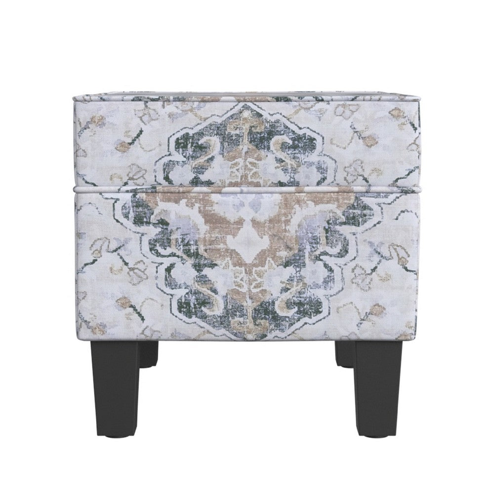 Ishi Accent Storage Ottoman, 22 Inch White Blue Print, Black Wood Legs -BM334444