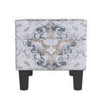 Ishi Accent Storage Ottoman, 22 Inch White Blue Print, Black Wood Legs -BM334444